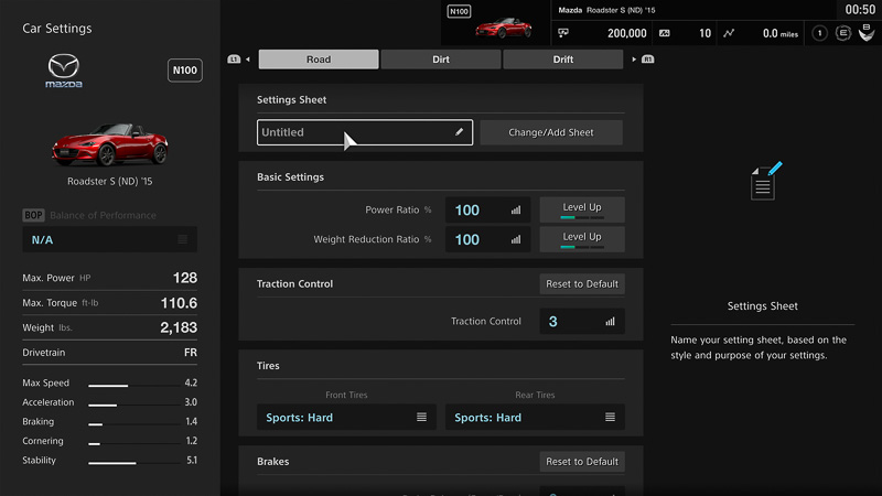 グランツーリスモSPORTでは最新の車両挙動シミュレーションを搭載している。セッティング画面でマシンの特性を変更すると、それに合わせてステアリングフィールも変化していることに気づいた