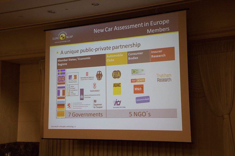 Euro NCAPについて。Euro NCAPは12のメンバーから成るものであり、7つの政府、5つのNGOが関わっている