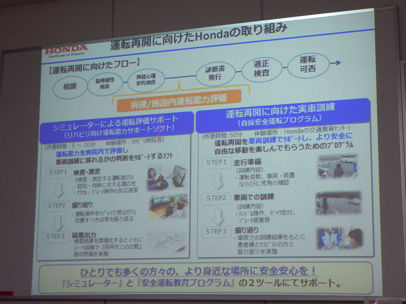 運転再開に向け、ホンダでは「運転評価」「実車訓練」の2種類でサポート