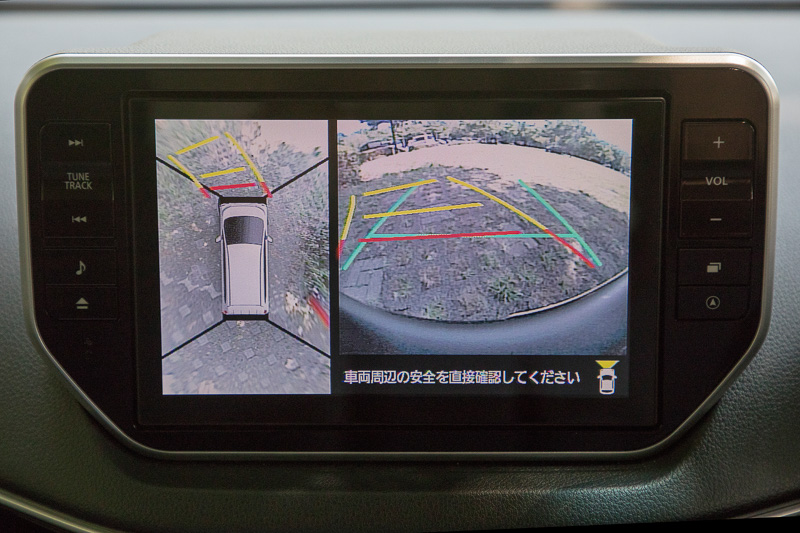 パノラマモニターの表示例。クルマを真上から見下ろしたような映像がナビ画面に表示される