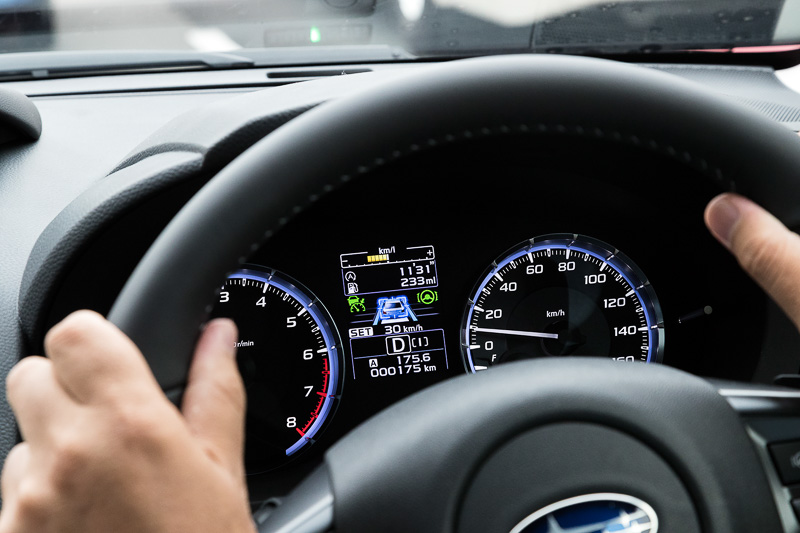 メーターパネル内にあるマルチインフォメーションディスプレイ。レーンキープ表示（ステアリングマーク）、その左のクルーズ表示（メーターマーク）がいずれも緑になっており、動作していることが分かる