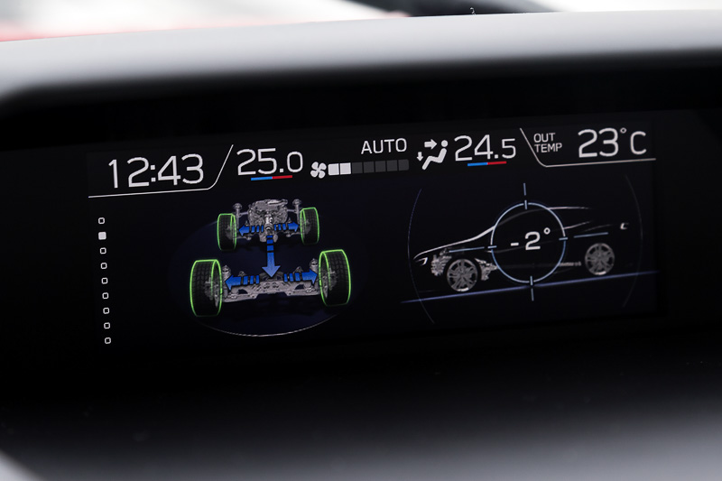 1.6i EyeSight以外のグレードに標準装備されるマルチファンクションディスプレイの表示例。ハンドル左側のINFOスイッチで表示を変えられる