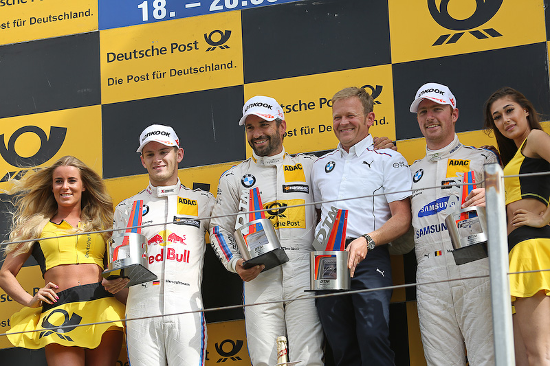 表彰台を独占したBMW勢。左から2位のマルコ・ウィットマン選手（BMW Team RMG）、優勝のティモ・グロック選手（BMW Team RMR）、3位のマキシム・マルタン選手（BMW Team RMR）