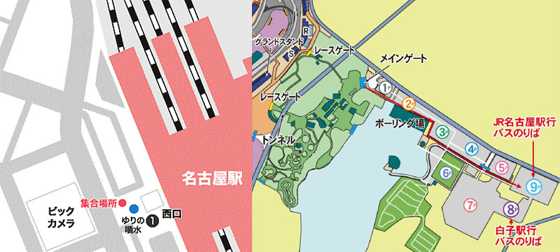 名古屋駅は太閤口（左）、鈴鹿サーキットは第9駐車場（右）から出発する