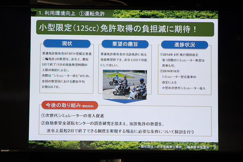 クルマの免許があると法令上は最短3日で免許取得ができるが、業界では週末の2日間で取得できるようにしてほしいと要望を出している。これに対しては自動車安全運転センターの調査研究が行なわれ、その結果を踏まえて警察庁の検討が待たれるところという