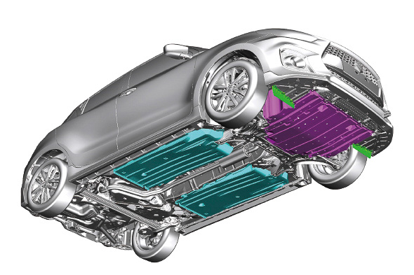 フロア下には大型のフロントストレイク、エンジンアンダーカバー、メインフロアカバーを装備して、揚力と空気抵抗を高いレベルで低減している。空気抵抗は先代に比べて約10％軽減している