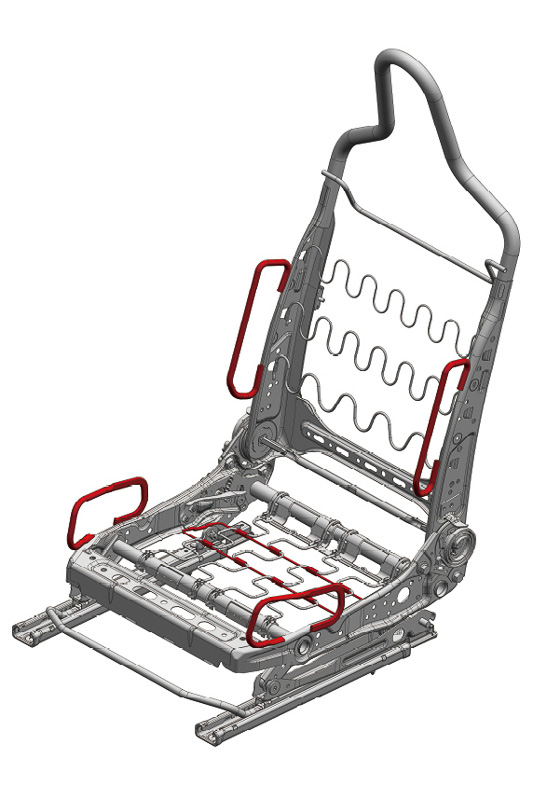 シートは先代スイフトスポーツ用と比べて1脚あたり7.6kgも軽量。サポート部はパイプフレームが組まれている