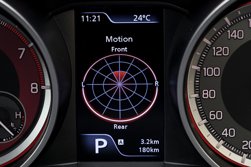 マルチインフォメーションディスプレイの表示。アクセルとブレーキペダルの踏み具合をバーグラフで表わす表示も