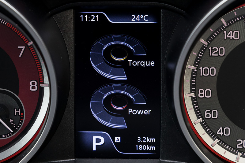 マルチインフォメーションディスプレイの表示。アクセルとブレーキペダルの踏み具合をバーグラフで表わす表示も