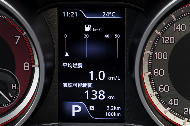 マルチインフォメーションディスプレイの表示。アクセルとブレーキペダルの踏み具合をバーグラフで表わす表示も