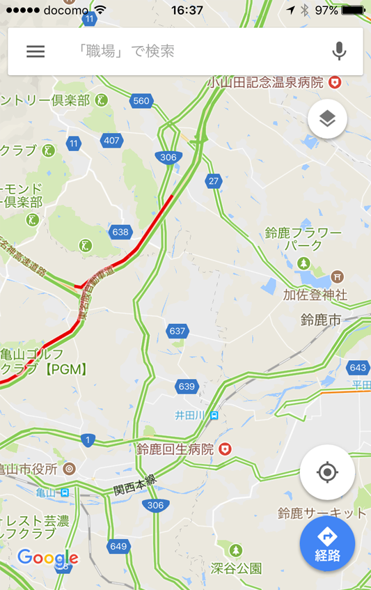 9月10日の日曜日 夕方、亀山JCT～鈴鹿IC付近をGoogleマップで表示した画面キャプチャー。鈴鹿サーキットのレースに関係なく、東名阪自動車道の鈴鹿IC付近は渋滞する