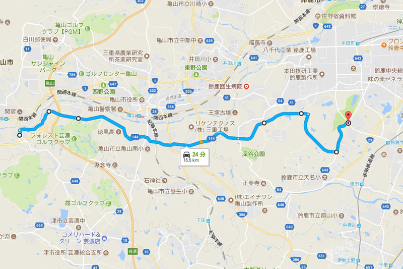 関ICから県道144号を抜け、国府町東、御園工業団地前と進むルート（Googleマップ）