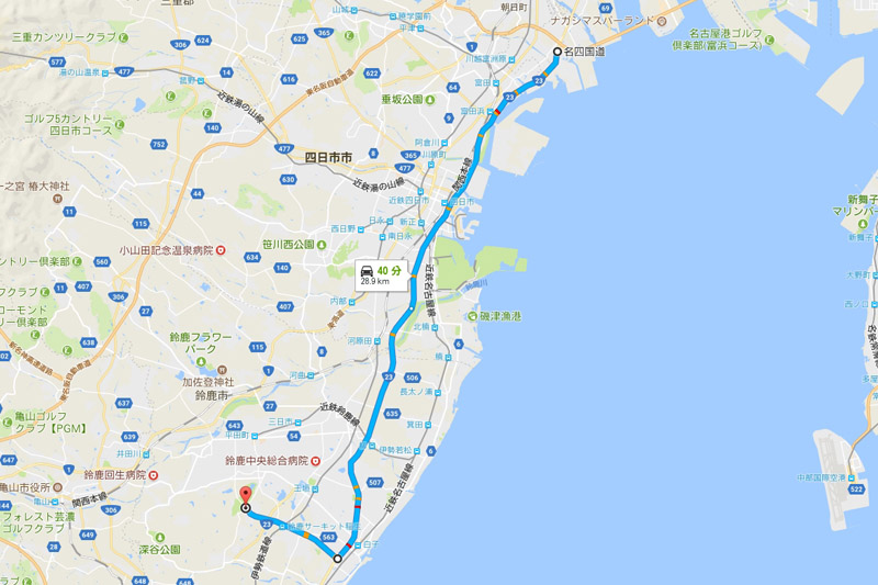 みえ川越ICから国道23号を通り、寺家5を右折してサーキット道路を使うルート（Googleマップ）