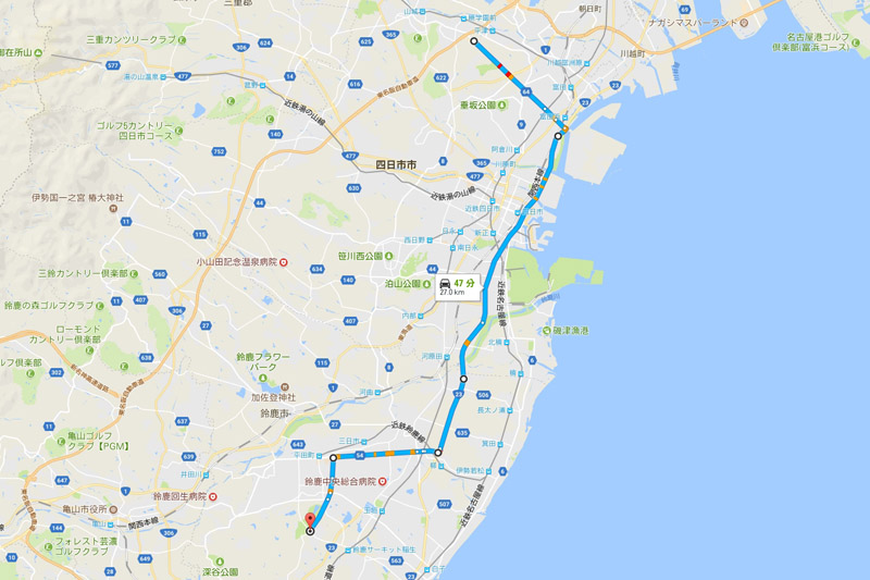 四日市東ICから県道64号、国道23号を通って柳ランプウェイ下交差点を右折するルート（Googleマップ）