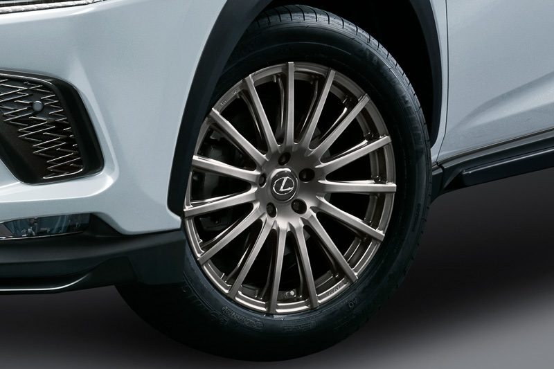 オークグレーメタリック塗装の「19インチ鍛造アルミホイール」。1ピース構造で重量は11.4kg