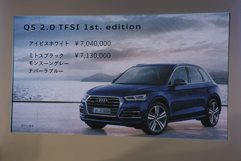 S line仕様のアイテムや20インチアルミホイールを装着する限定車のQ5 1st editionは704万円。オプションカラーのモデルは713万円となる