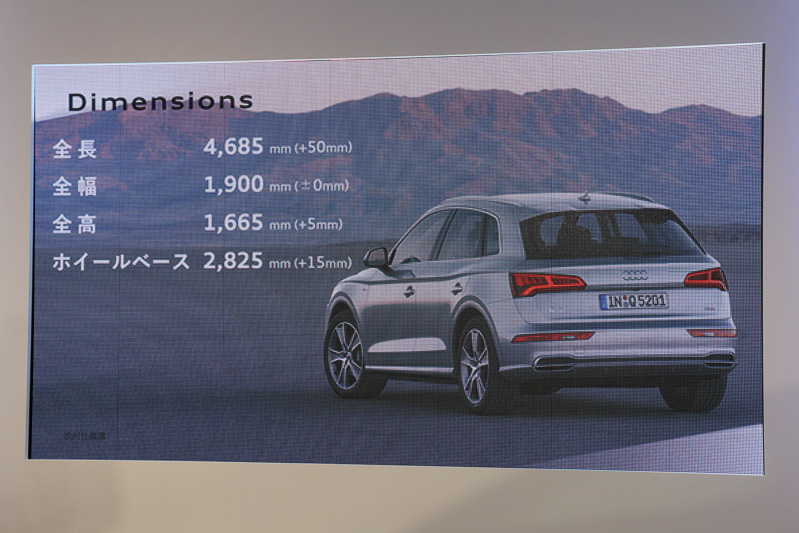新型Q5のボディサイズ。全長が50mm、全高が5mm増えているが、アルミ素材の採用や熱間成形スチールなどを使うことで60kg（SQ5は70kg）軽量化している