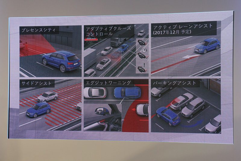 歩行者検知機能付き衝突軽減システム「アウディプレセンスシティ」などの先進的な予防安全システムに加えて「アダプティブクルーズコントロール（ACC）」を全車標準装備。「アクティブレーンアシスト」は12月発売の車両から搭載予定