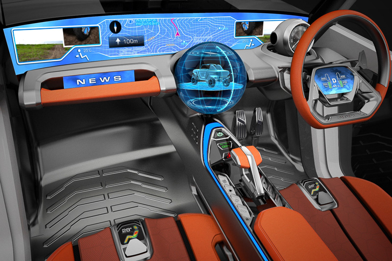 運転モードの切り替えに応じて色が変化する照明を採用。エクステリアの照明も連動して色が変化する