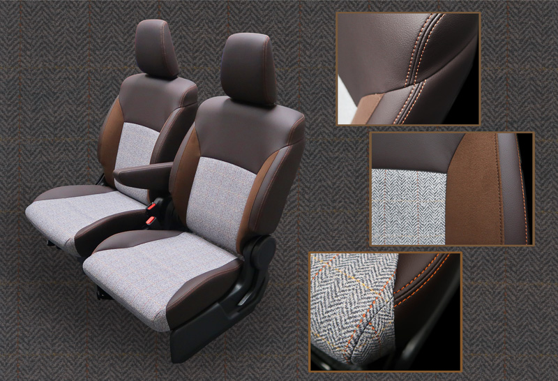 シートは2色のブラウンの合皮とヘリンボーン柄のファブリックを組み合わせ、温かみのある上質な印象とした