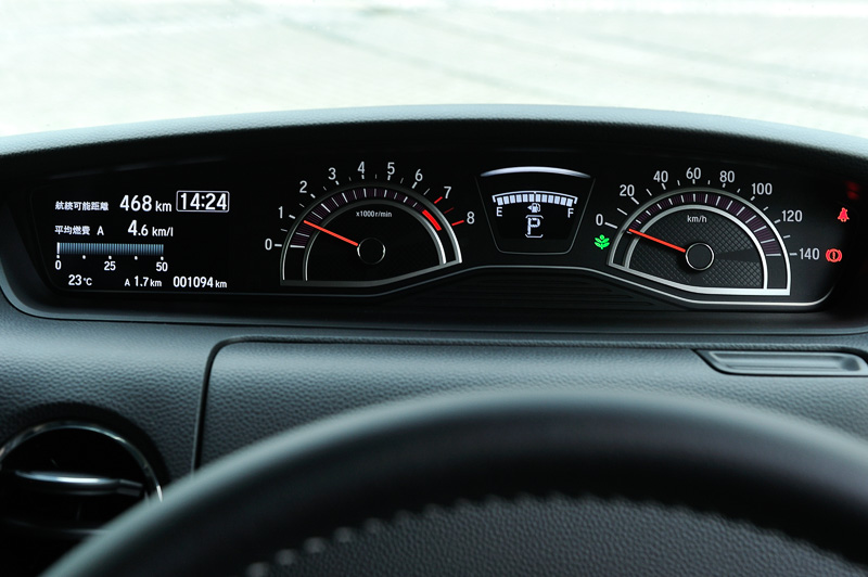 左がN-BOX、右がN-BOX カスタムのメーターパネル。基本的な内容は同じだが、N-BOX カスタムはメタル調加飾などを追加した専用デザインとなる