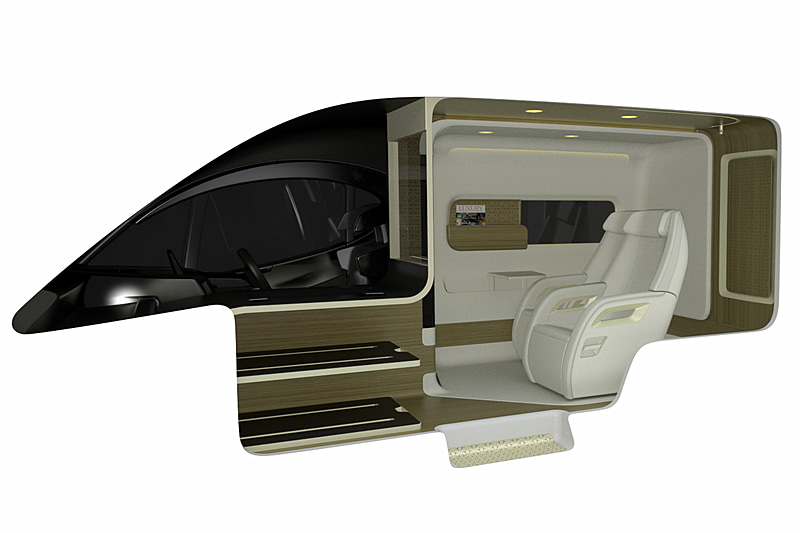 広い後席スペースに2人分のシートを設定。通常は助手席がある位置には手荷物などが置ける「サイドアクセスラゲージ」を用意する