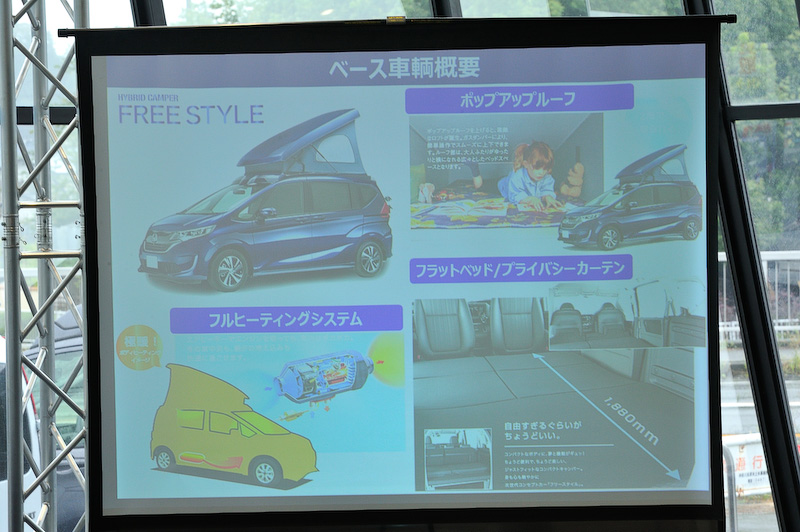 フリード＋がベースのFREE STYLE。このクルマには“2階で寝られる”ポップアップルーフを採用。室内もフラットなベッドを用意してコンパクトカーながら家族4人が泊まれる作りになっている