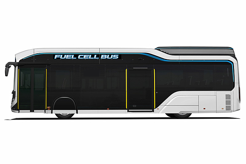 FCバスのコンセプトモデルSORAの外観。従来の路線バスのような六角形の箱形とは異なる立体的な造形とし、前後のライトにLEDを採用するなど一目でFCバスと分かる特徴的なデザインとした