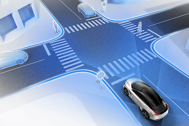 車両の360度をカバーするセンサーと完全自動運転のイメージ