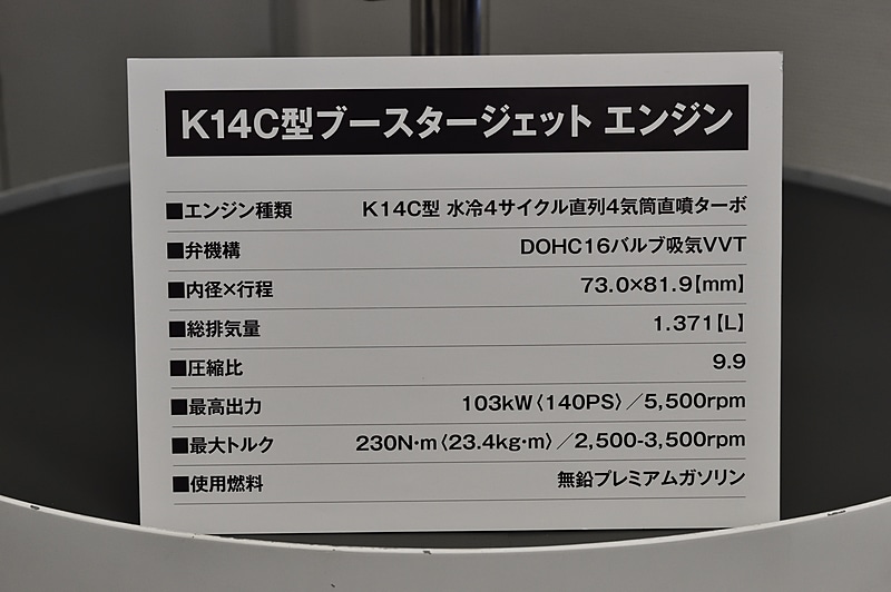 K14C型エンジンの単体モデル。最高出力103kW（140PS）/5500rpm、最大トルクは230Nm（23.4kgm）/2500-3500rpmを発生し、ターボにはウエストゲートバルブのノーマルクローズ制御を採用してアクセル操作に対するレスポンスを高めている