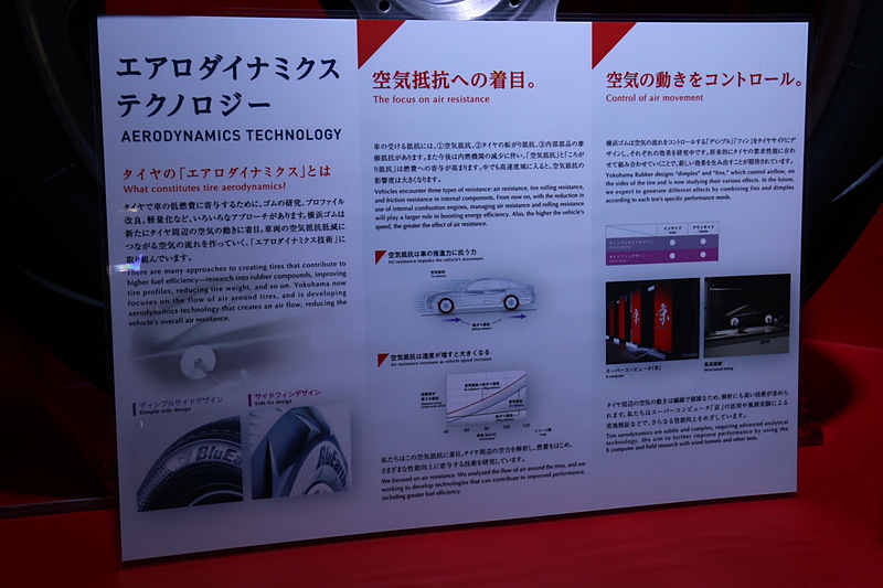 2017年のSUPER GT GT500クラスのマシンに供給しているレース用タイヤも展示。側面に「サイドフィンデザイン」を用いて空気抵抗を低減