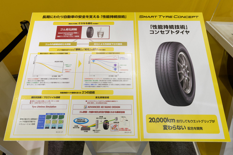 今回発表されたコンセプトタイヤはガラスケース越しに見ることができる