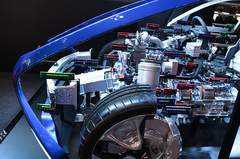 アイシングループブースのメイン展示車両。クルマのどの部分に何が使われているか、分かりやすく紹介されている