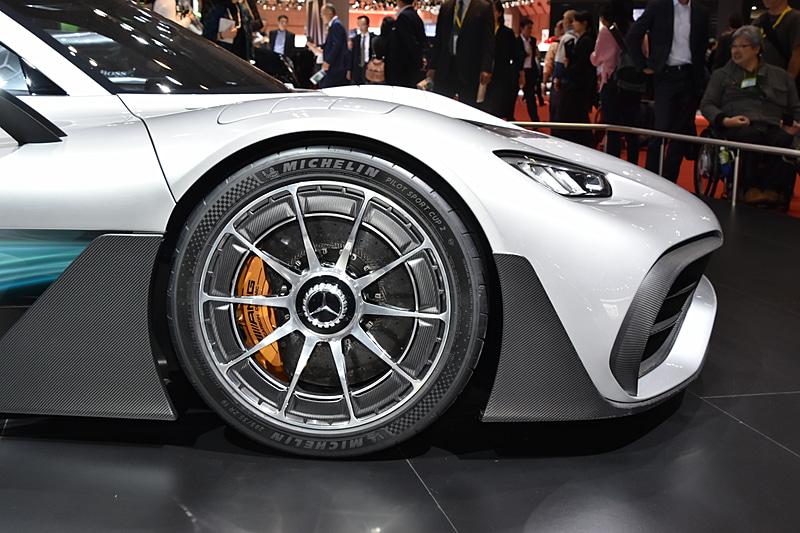 不思議なデザインのホイール。タイヤは大きいがブレーキローターはかなり小さい。実はカーボンプレートは、シンプルにホイール内部のスカスカ感を隠すためなのかも？