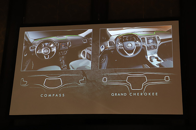 インテリアでも台形のモチーフやラインの間を曲線で繋ぐデザインを採用して共通のテーマを持たせている