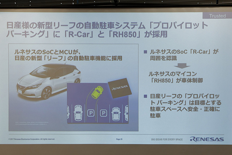 日産の新型リーフでは、「プロパイロットパーキング」でR-CarシリーズとRH850が採用済み