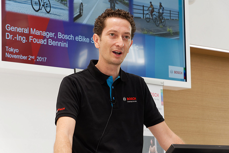 ボッシュ 電動アシスト自転車用ユニット アジア太平洋地域統括 フアド・ベニーニ氏。電動アシスト自転車の市場環境などを解説した