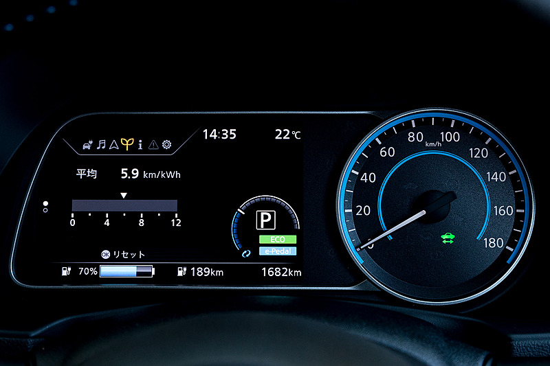 アナログ式のスピードメーターと7インチのカラーディスプレイを組み合わせるメーターパネル。プロパイロットやエコゾーン付パワーメーター、電費表示、ルート案内など多彩な情報を表示できる