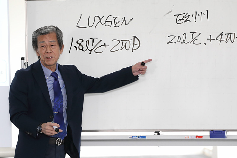 GT-Rの発表会などでもボードを使って説明を行なっていた水野氏。久しぶりにその姿を見ることができた