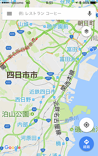 国道23号は渋滞なし。東名阪道は普段どおりの渋滞。国道23号の利用で所要時間は半分となる