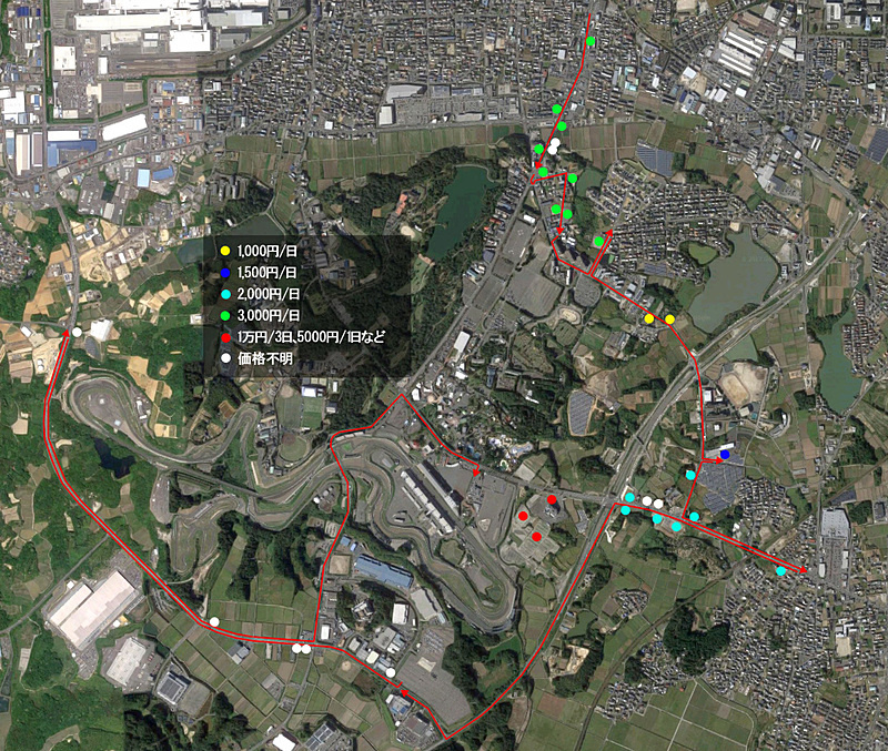 道伯町方面、サーキット道路南方面、御園方面の駐車場を回った（Googleマップ）