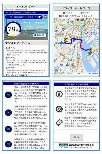 安全運転を楽しむサービスの「ドライブレポート」では、運転するごとにスピード、アクセル、ブレーキの各挙動を5段階で評価して、その結果を総合した安全運転スコア(100点満点)を知らせてくれる「安全運転スコア・アドバイス」や、各挙動に対する簡易的なアドバイスとともに走行ルートと危険な運転挙動の発生地点を確認できる「ドライブレポートマップ」、クルマの予防安全装置作動状況やタイヤ空気圧、電子キーの電池残量などのアラート情報を確認可能。また、「マンスリーレポート」として1カ月ごとの運転結果を振り返るとともに、1カ月間の運転データから導かれた運転特性に合わせて作成される詳細アドバイスを表示できる