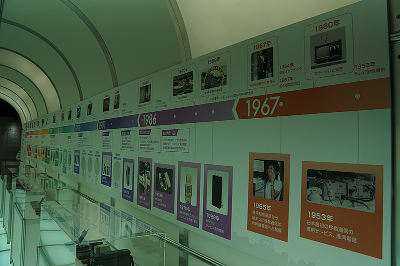 1953年にスタートした日本最初の移動通信の商用サービス「港湾電話」から始まる移動通信の歴史を示した展示
