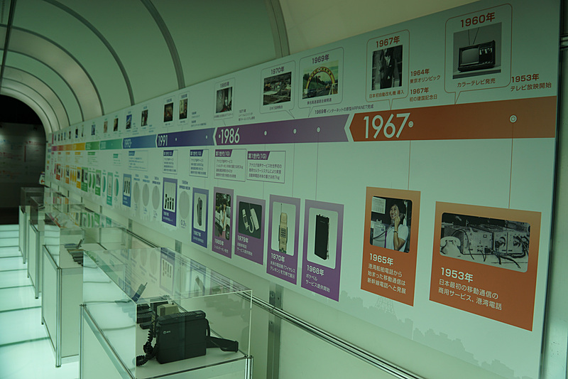 1953年にスタートした日本最初の移動通信の商用サービス「港湾電話」から始まる移動通信の歴史を示した展示