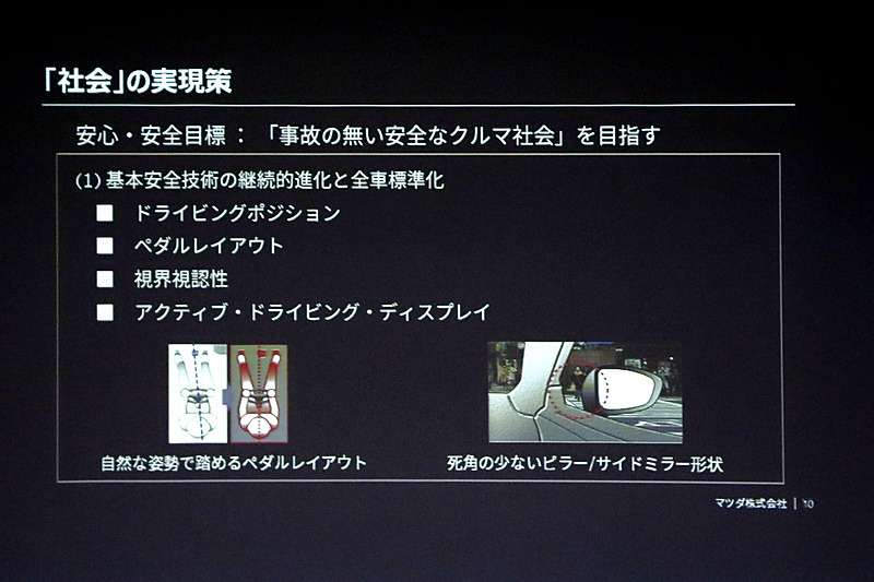 中島氏曰く「MAZDA PROACTIVE SAFETYで最も重要な運転環境の領域」として、ドライビングポジション、ペダルレイアウト、視界視認性、アクティブ・ドライビング・ディスプレイの中からペダルレイアウトの例を紹介