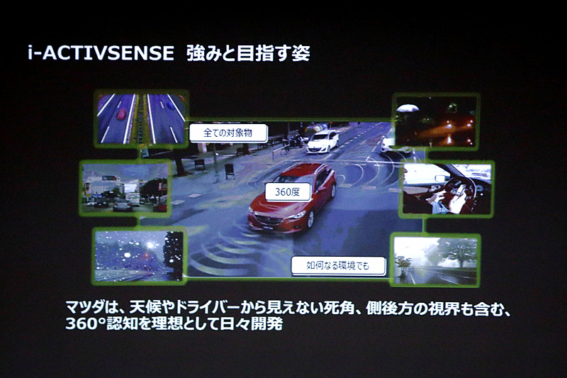 「i-ACTIVSENSE」は、前方の自動ブレーキだけではなく360度認知、全天候対応をふまえたセンシングデバイスの採用を強みとして、できる限りドライバーの見えないところへの配慮を行ない、実装に向けた技術開発と早期の市場導入を目指している