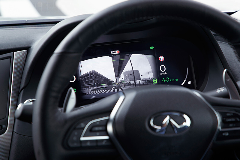 メーター内に収まるモニターに、カメラやセンサーで把握した情報を表示。信号、クルマ、バイクを判断していることが分かる