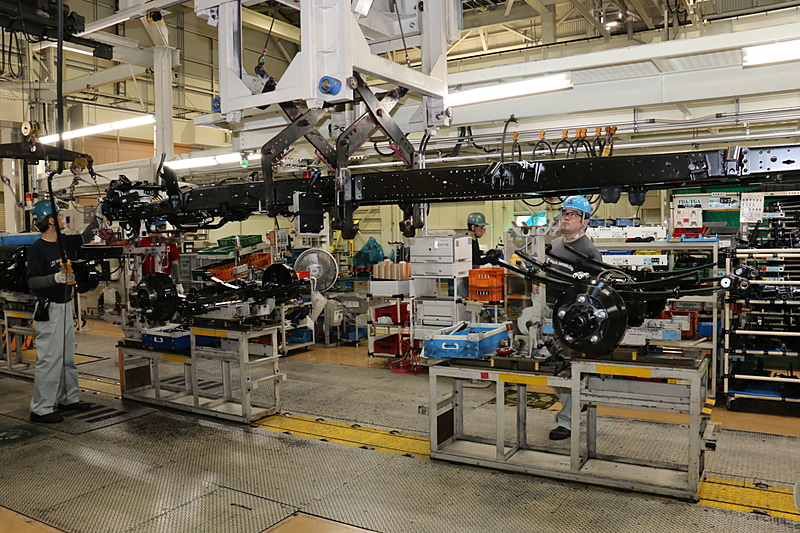 小型トラックは位置決めをした足まわりのところにシャシーフレームを運んできて組み付ける