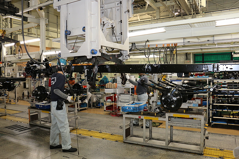 小型トラックは位置決めをした足まわりのところにシャシーフレームを運んできて組み付ける