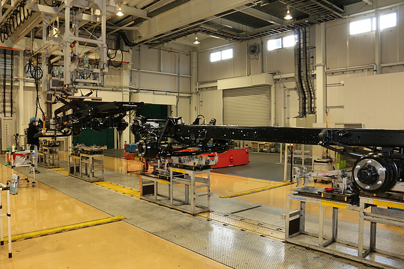 アクスル搭載を終えたシャシーフレームは、自動搬送台車に載せられて次のラインに移動